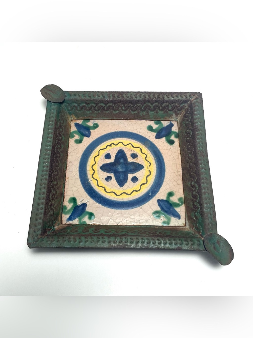 Vintage Spanish Talavera Ceramic Tile Ashtray Metal Frame Hand Painted 6x6